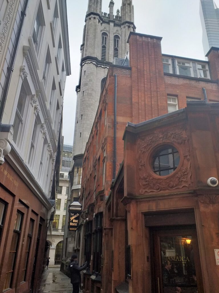  St Michael’s Alley with the church of St Michael Cornhill and the Jamaica Wine House, the first coffee house in London