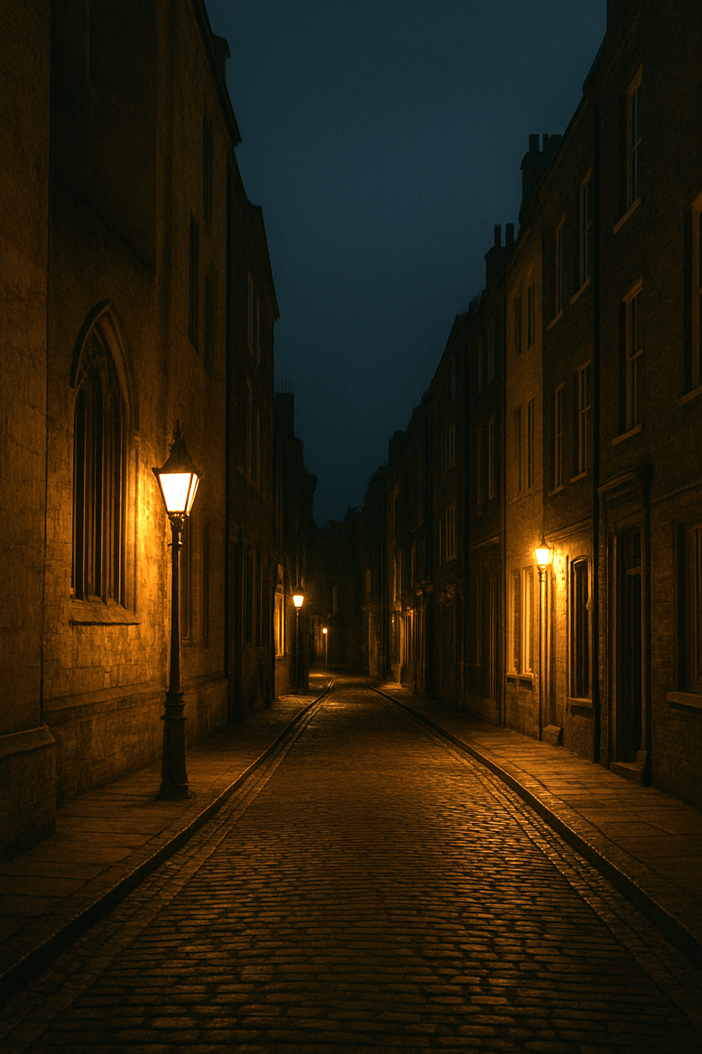 Dimly lit London alleyway at night