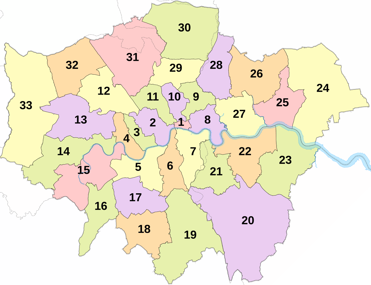 The Greater London boroughs, with optional traditional county boundaries overlay